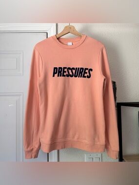 DAVID NAMAN peach orange text font cotton crew neck knit pullover sweater‎